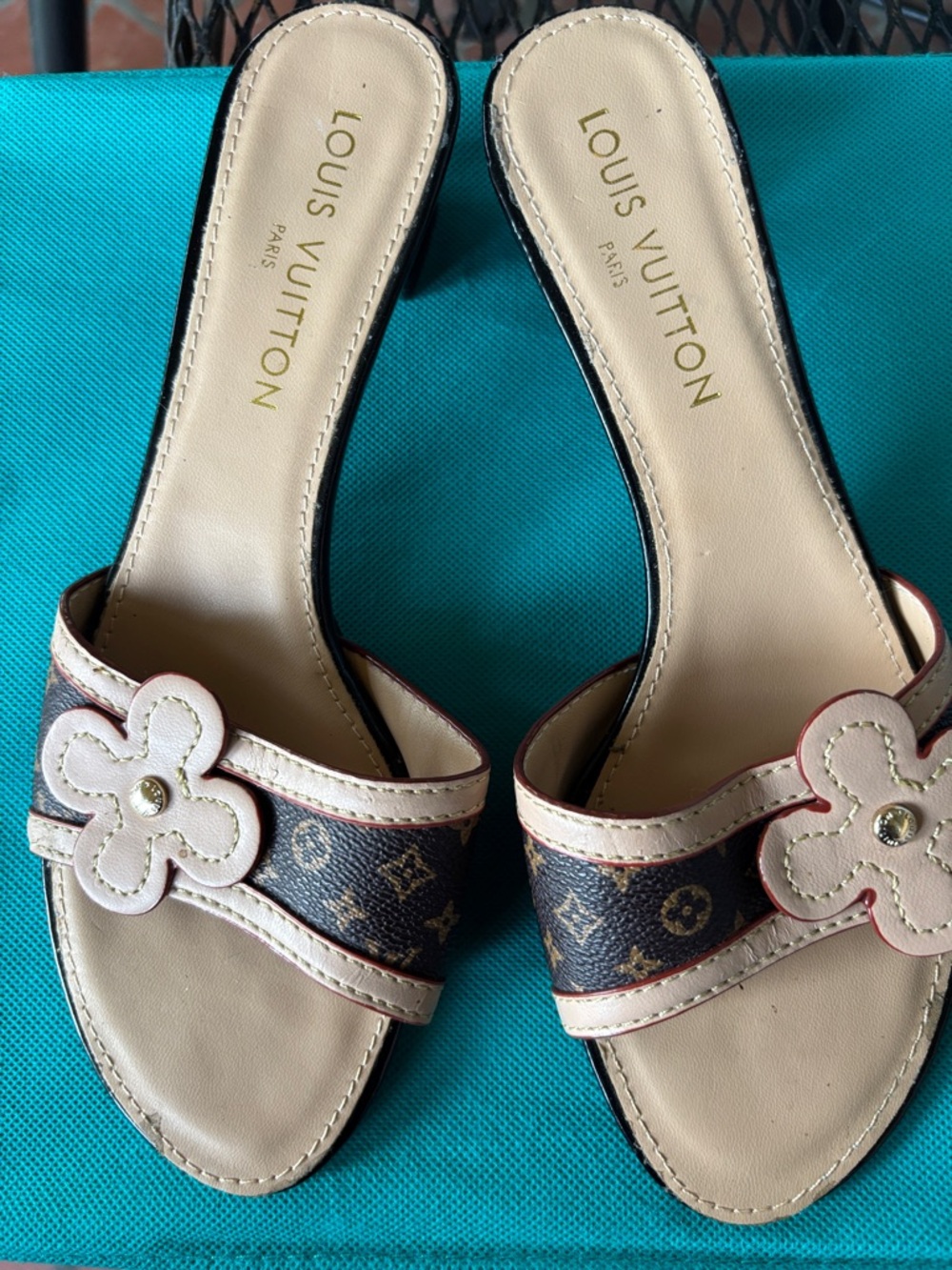 Louis Vuitton Brown Monogram Slide Sandals with Cream Floral Appliqués